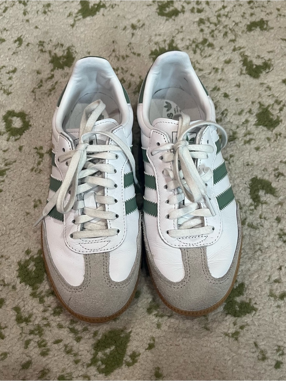 adidas White Sneakers with Green Stripes and Suede Toe